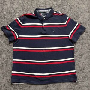 Tommy Hilfiger Polo Shirt Mens XL Navy Blue Red White Striped Preppy Logo